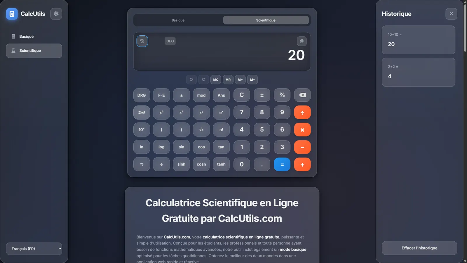 L'interface utilisateur de la calculatrice scientifique gratuite de CalcUtils.com, montrant le grand écran, les fonctions mémoire et le clavier en mode sombre.