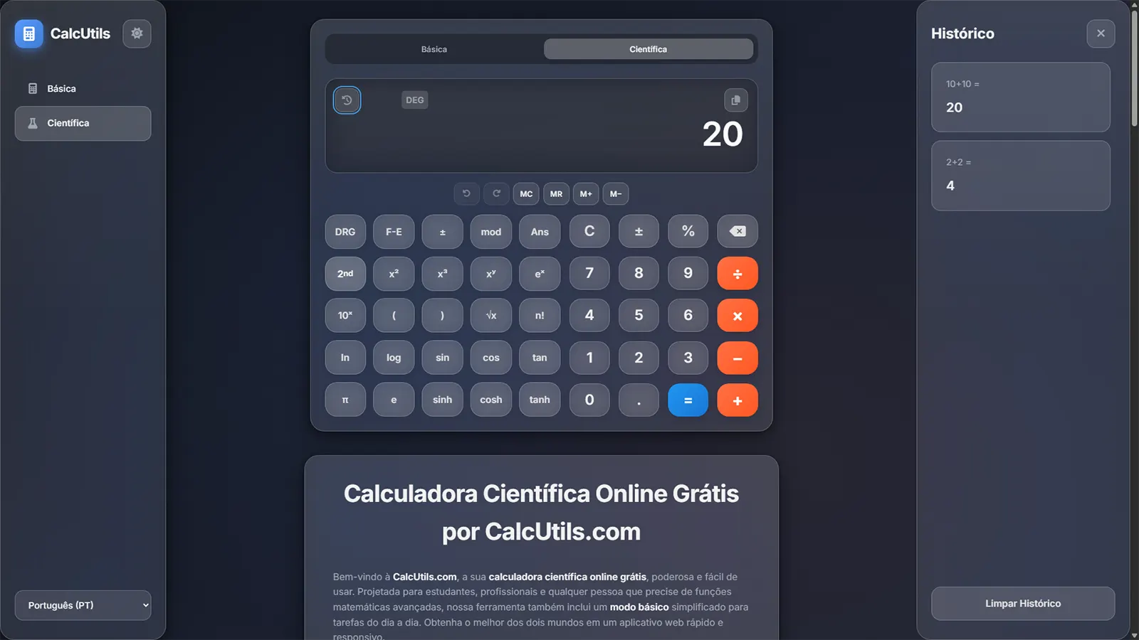 A interface de usuário da calculadora científica online grátis CalcUtils, mostrando o visor grande, funções de memória e teclado no modo escuro.